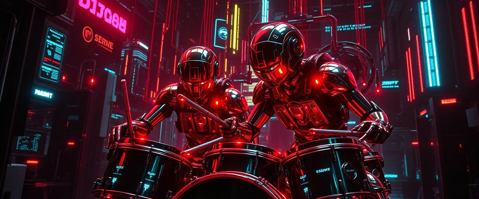 cyberpunk imagery synchronized mechanical drumming flickering stable core