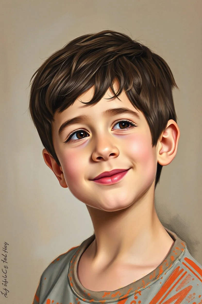 A five-year-old Palestinian boy with a beautiful face, his face turned slightly to the right, a slight smile, his mouth closed, no teeth visible, his eyes looking to the left, he appears to be drawn with oil paints