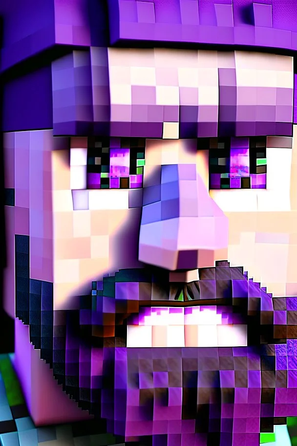 a close-up portrait of a purple Minecraft face, farmer, black beard,3d, large pixel style