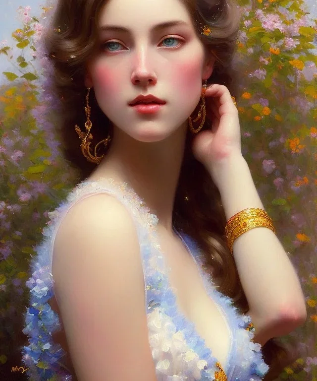 realist impressionist portrait of "The Curious Female" by Ross Tran rework. Masterpiece, best quality, painted impressionist brush strokes. paint drips and drabs and splatters by and by art nouveau and richard schmid . Paint spatters, drips, drabs, dynamic, artstation, artgerm