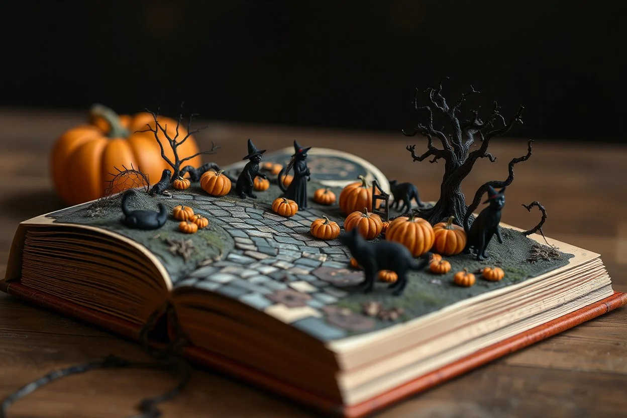 whimsical scrapbook composition where a 3D Hallowwen scene comes to life from pages of a scrapbook, cobblestone path on spine on book, depth of field, optical illusion, dark orange tones, witches, pumpkins, gourds, black cats, spiderwebs, wolf moon, surreal, fine details, gnarly, wow!!