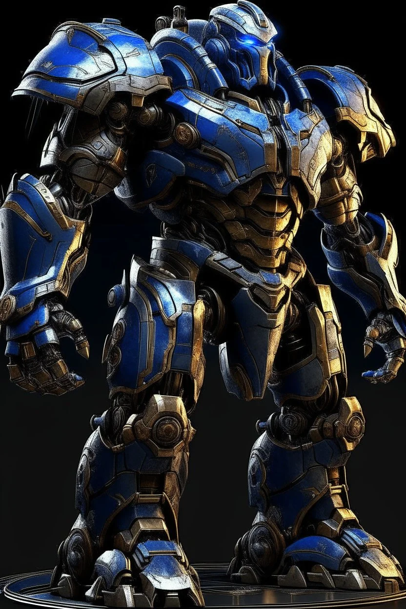 Ironclad stands at an imposing 8 feet tall and is heavily armored with a combination of sleek metallic plating and blue energy accents. Its body is adorned with a polished, reflective surface, giving it a distinct and imposing presence on the battlefield. His waist is snatched. His design is like Nullsector from Overwatch