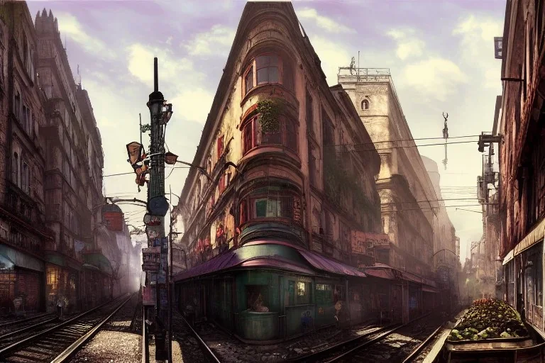 Corner Elevated Train run raid Train Canal River and corner shop greengrocer in colorful Italian street+Gothic city+BioShock+Dishonored+Bloodborne +trieste+Edinburgh+Chicago+victorian London+decòpunk Skyscraper+ +steampunk+biopunk+alphonse mucha, greg rutkowski,matte painting, cryengine, hyper detailed, felix kelly, fantasy art, seb mckinnon