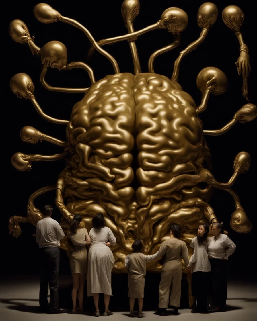 a huge golden inflated sculpture of brain supported by very small beautiful Asian female human bodies, Communist propaganda slogan banner,complex surgical instruments,a newborn boy between light and shadow, black background,surrealism, symbolism, minimalism, sculpture by Lucian Freud, Rene Magritte, Salvador Dali