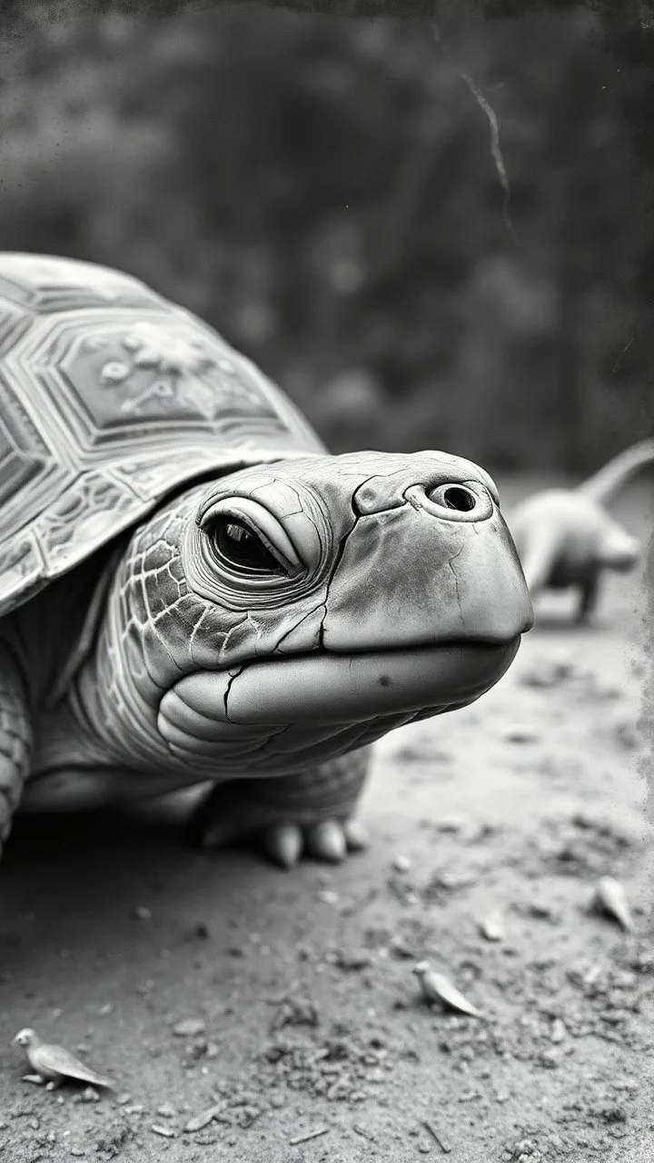 An old picture style of black and white mono very bad quality looks very old camera picture a cracked turtle Face ,the year 1900 in the background from a distance dinosaurs