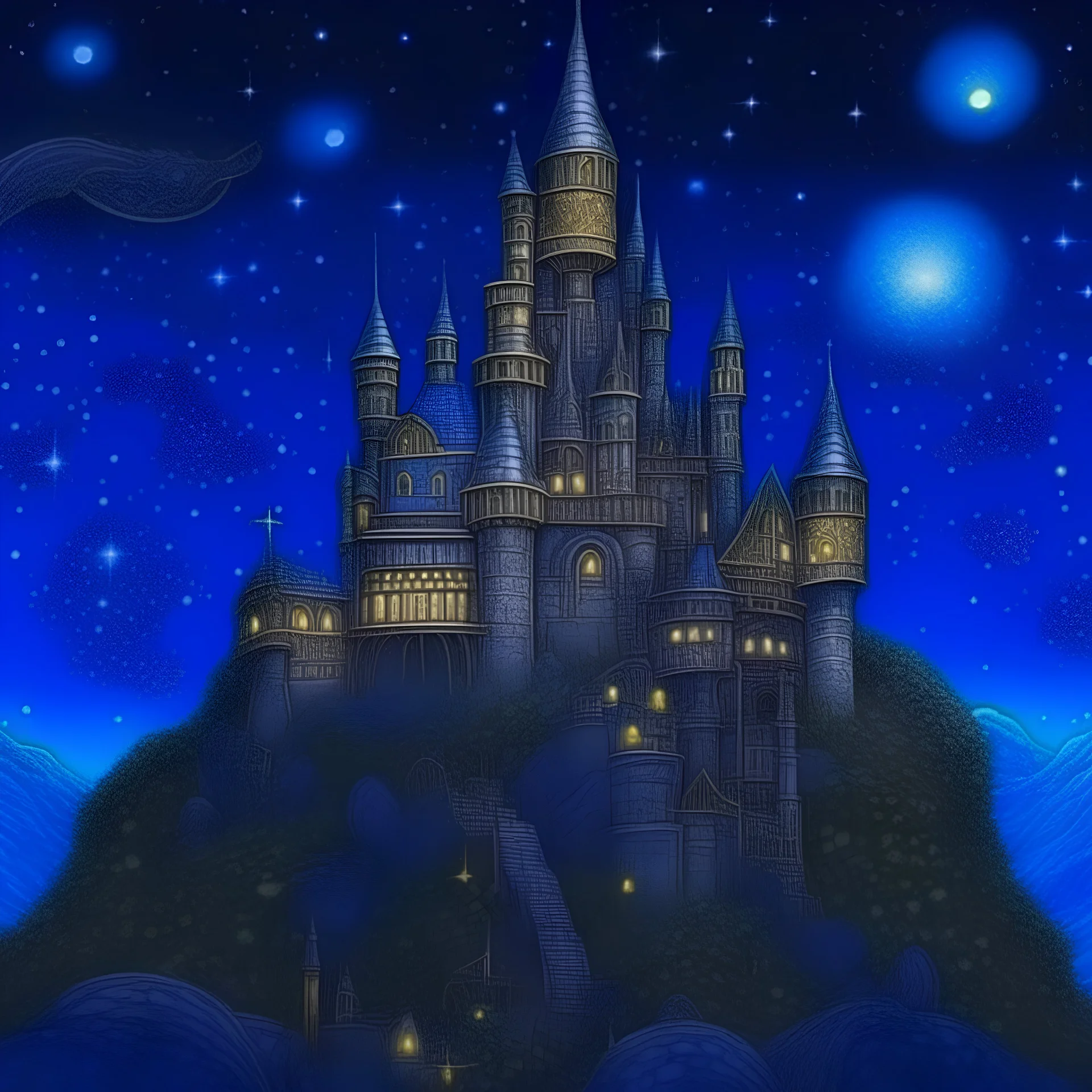 Extremely detailed Zentangle style art with realistic creativity, castle with multi-layered and supernatural healing powers from heaven, touching the deepest part of the heart, starry sky background. Modifiers: extremely detailed fantasy intricate 8k very attractive beautiful dynamic lighting fantastic view Unreal Engine 高清晰度 超现实主义 数字绘画 高细节 绗缝 高度详细 Rembrandt Van Rijn 清晰聚焦 分形艺术 高质量 高分辨率