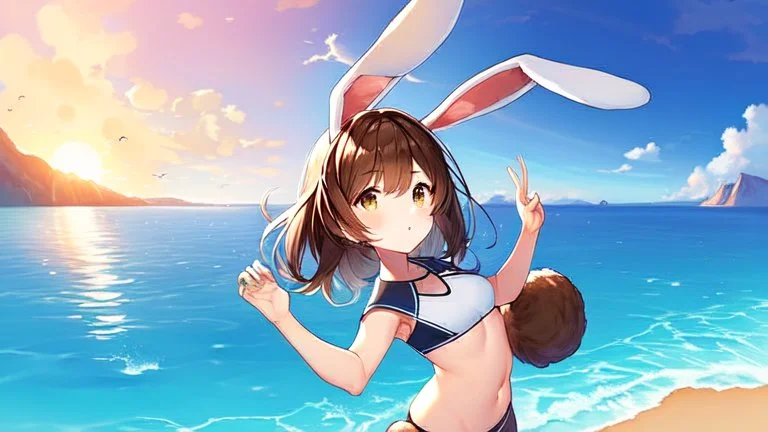 Girl, brown rabbit ears , brown rabbit tail, brown hair, open navel, sea and mountain, morning.