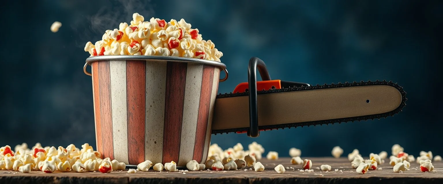 pop corn bucket that looks like a chain saw wielded by serious angry law man