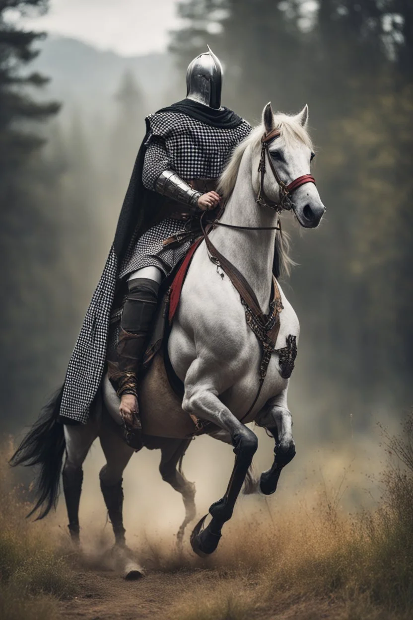 Medieval knight with a black and white checkered cape with a bright colored Lance riding a horse in the wilderness