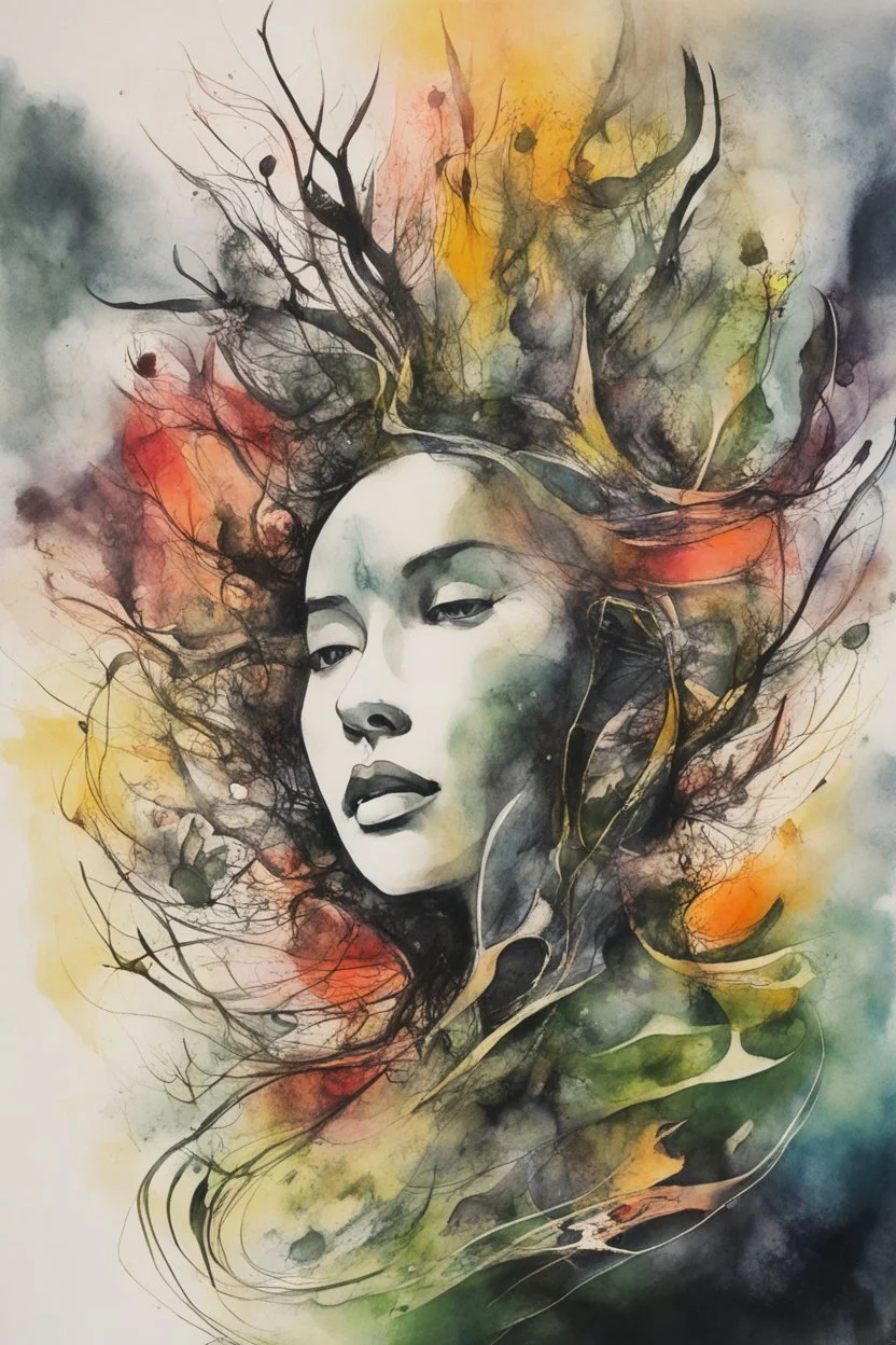 an abstract ink wash and watercolor lithographic print portrait illustration of her subconscious yearning to be as free as the unbridled wind whispering through an ancient forest , neo surrealism, biomorphism, abstract expressionism , striking, atmospheric, dreamlike, mystical, enigmatic, in the style of Joan Miro and Roberto Matta, in bold, vibrant plant based organic colors, boldly inked, hyper detailed , highly detailed feminine facial features, 4k