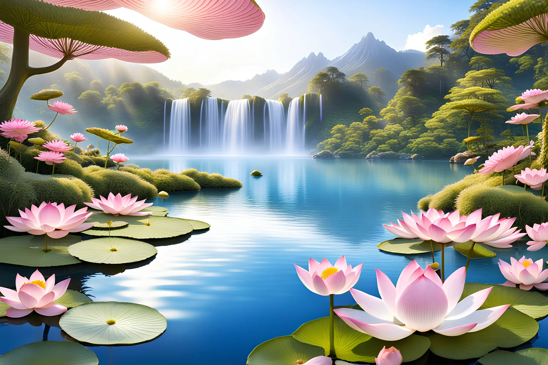 beautiful gardens with lotus flowers on water, white or pink or blue light effects colors, sun, realistic, very detailed, Japanese grass or a moss mat around a peaceful lake, with the forest around and waterfalls in the background of the garden and white or pink mountains, high contrast, 8k, high definition, concept art, sharp focus