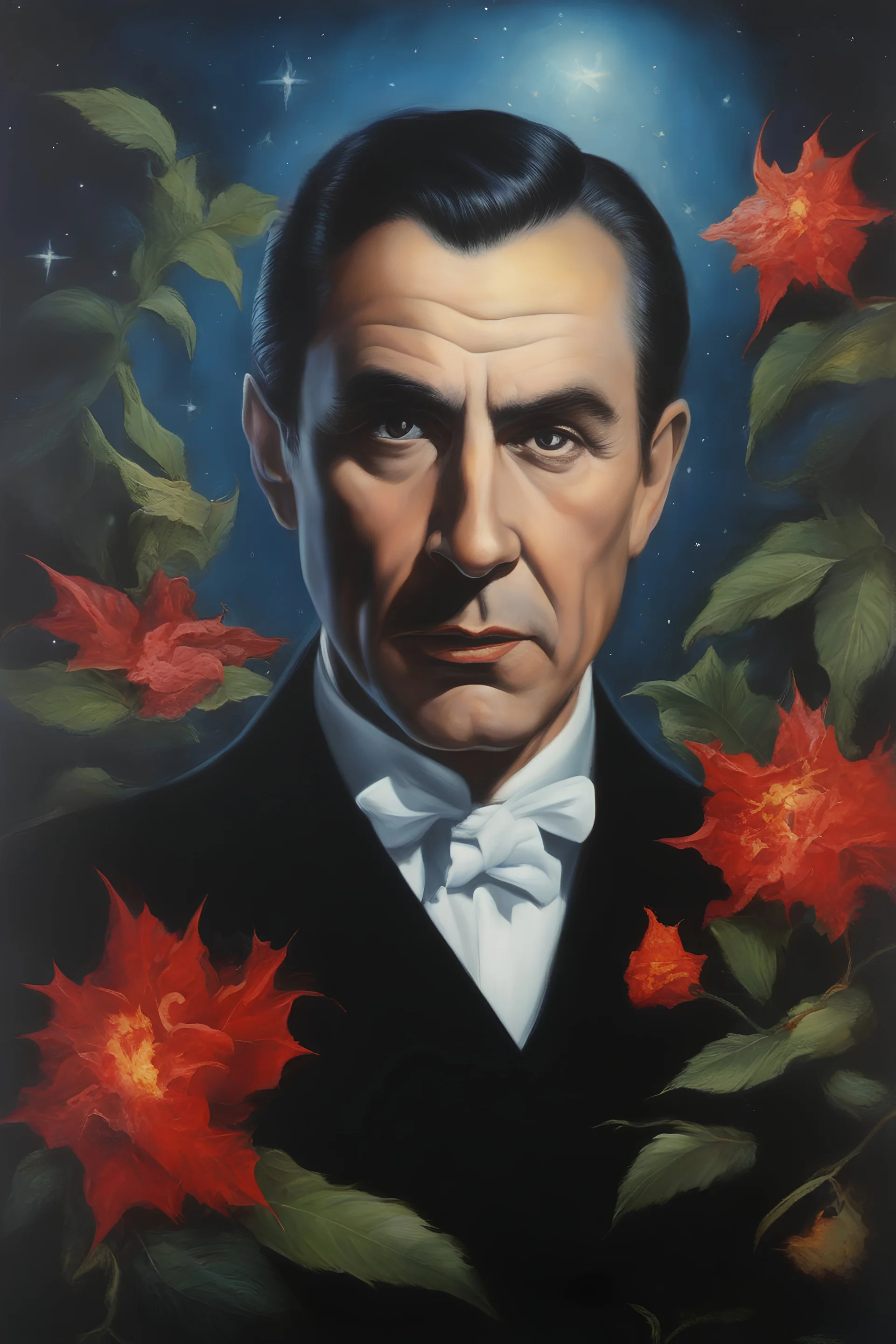 Bela Lugosi -- Botany - Starry - Retro Pop - Dark Fantasy - Horror - Festive - Realistic - oil painting by Boris Vallejo