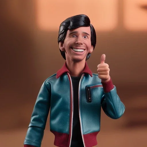 wide view uoung Plastic Fonzie with blackhair toy Action figure doll 1975 (thumbs-up) (face) Forehead grin, fonzarelli, jukebox background, eyes