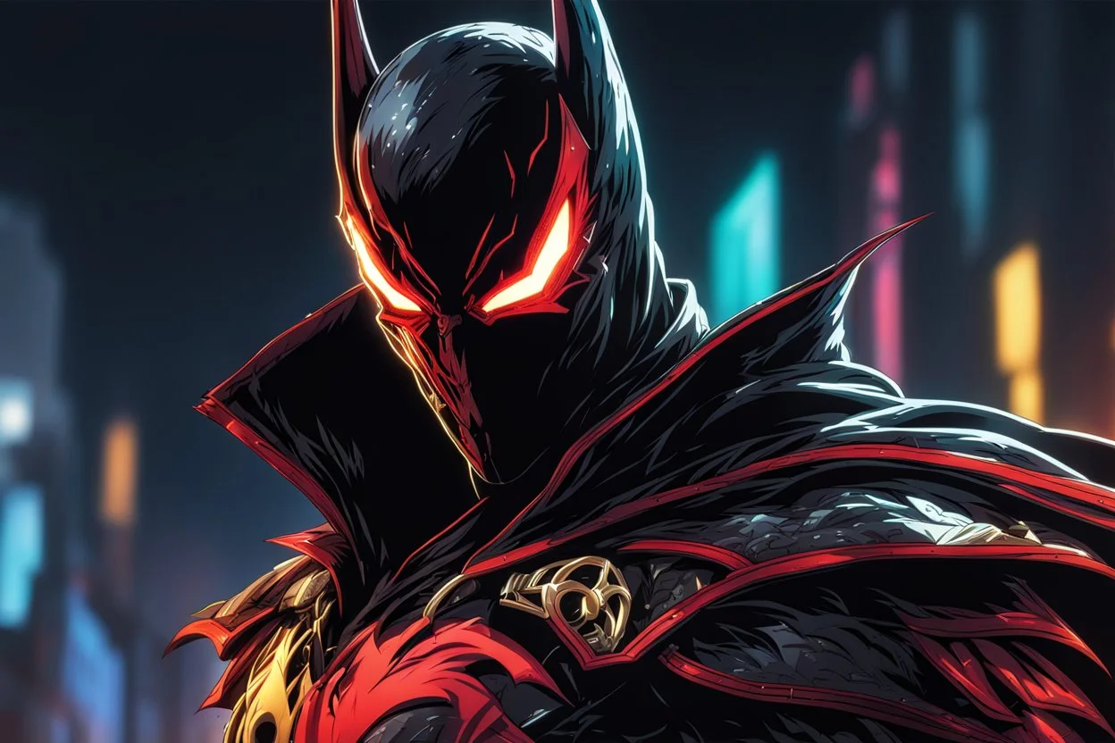Spawn in 8k solo leveling shadow drawing style, close picture, rain, neon lights, intricate details, highly detailed, high details, detailed portrait, masterpiece,ultra detailed, ultra quality