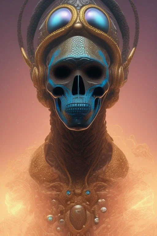 black male African alien, cracks in the voodoo head, wicked, diamond eyes, crown, blood, 8k, finely detailed, photo realistic, Boris Vallejo style turquoise skull head gold dragon space alien rain skeleton gold tooth silver helmet silver space suit spaceships