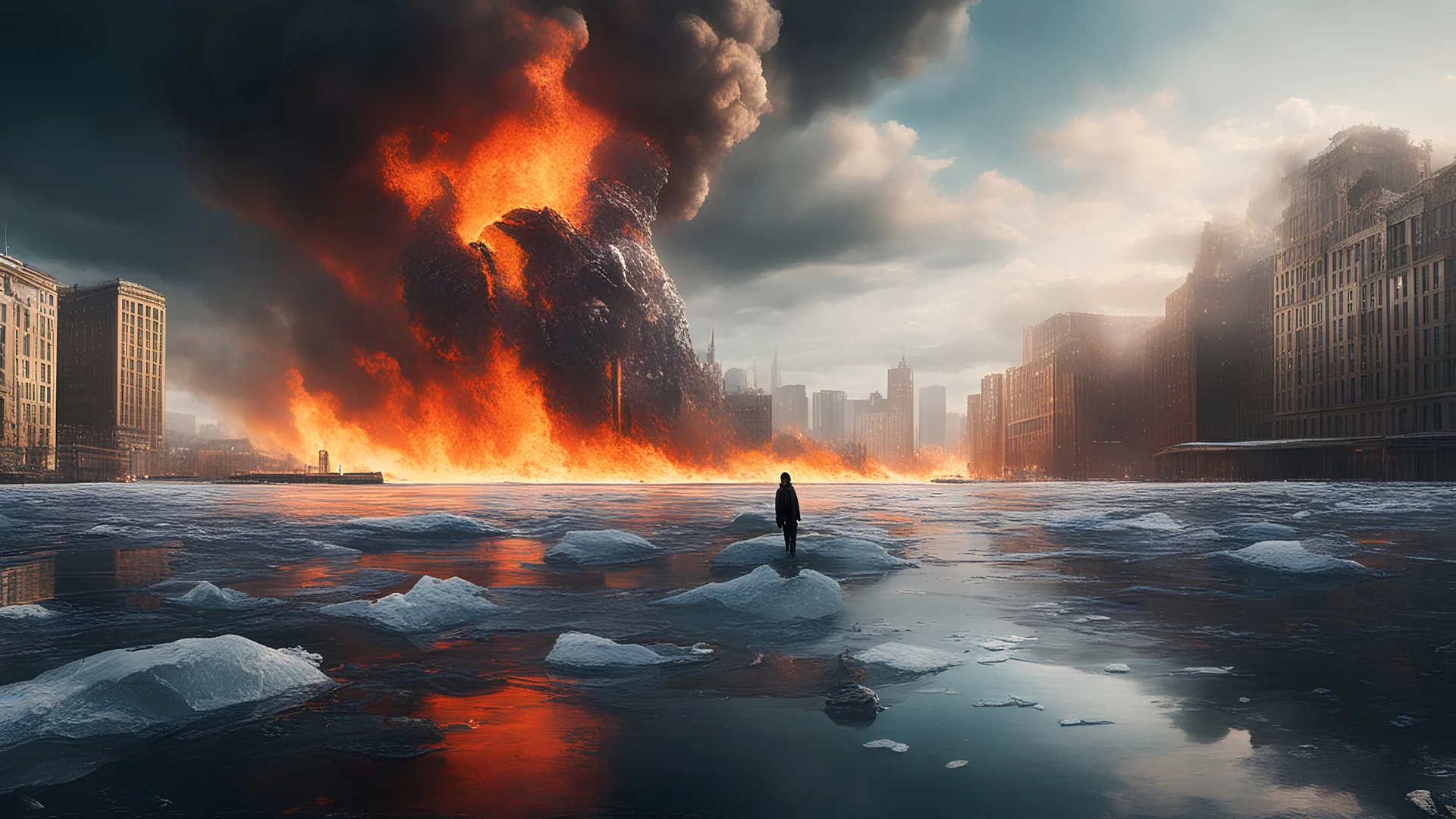 Create an image portraying Earth engulfed in flames, with melting ice caps and flooded cities in the background. Show distressed wildlife struggling to survive amidst the devastation, while a solitary figure stands with determination, holding a wilted plant as a symbol of hope for the future. Capture the urgency and severity of the climate crisis, urging viewers to take action before it's too late