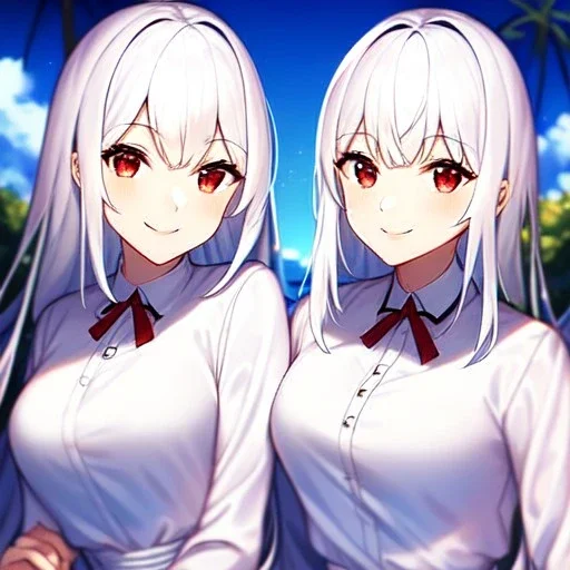 8k, Girl, high quality, detailed, white hair, red eyes, beautiful lighting, twins, smiling