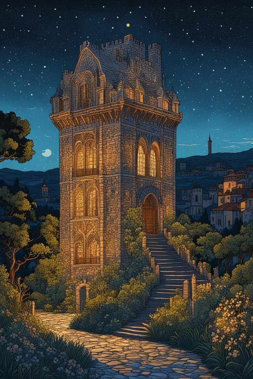 museum quality color woodcut landscape of a fanciful medieval Italian tower house with highly detailed stonework in 10th century Florence on a blissful summer moonlit night, in the style of Gustave Baumann, with a fine art aesthetic, highly detailed, finely cut ,8k render, soft early summer colors