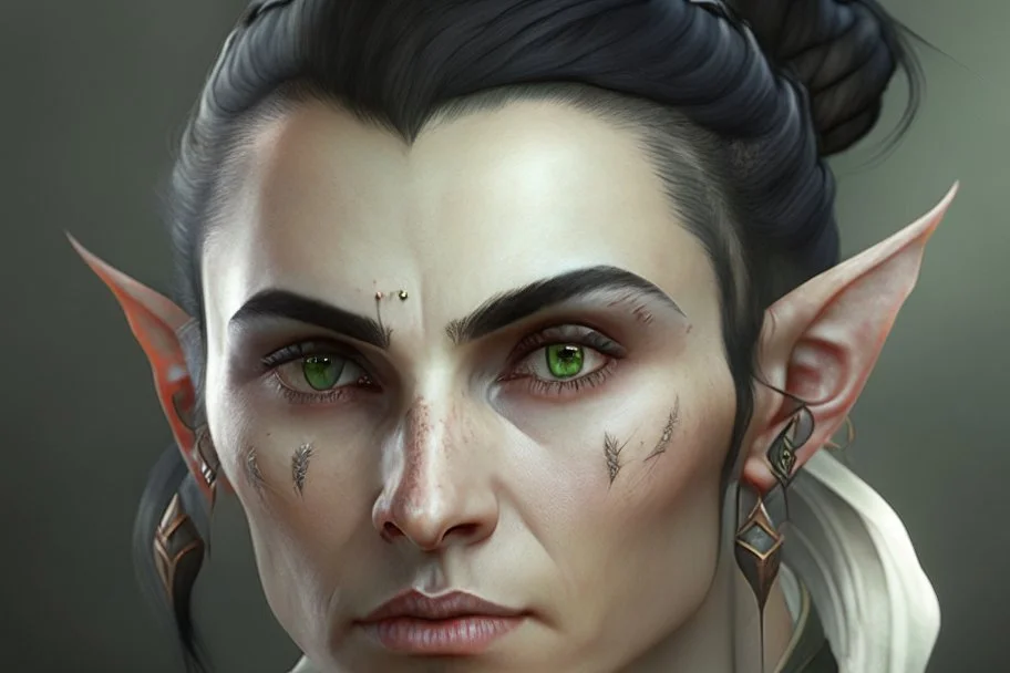 A Fantasy elf, a white male with black hair tied up in a bun, a scarred left eye.