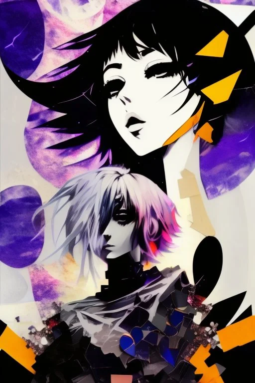 Explosive abstract collage style image of a beautiful anime girl, dramatic, pieces of cloth material, textured moon in background, bob wire, gothic sureoundings