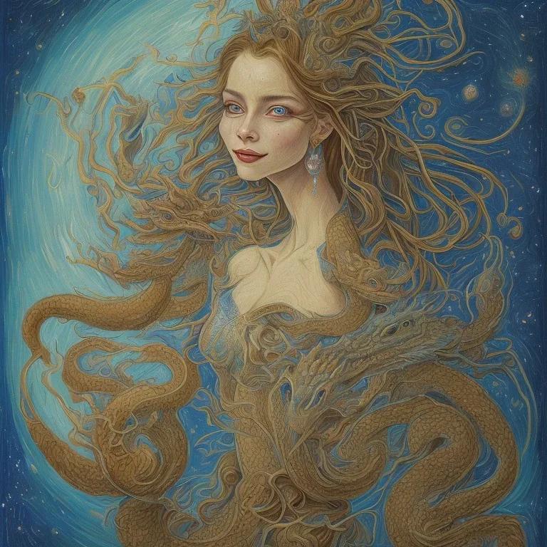 A smiling witch with a beautiful face and full and detailed details performing magic of water, fire, wind and earth with a wooden and crystal wand shining in various colors with a background of large and beautiful dragons flying in an azure sky with A background of a large snake with many heads, in full detail, Ismailoglu, Van Gogh, post-apocalyptic, fantasy, imaginary, 8k, 16k,