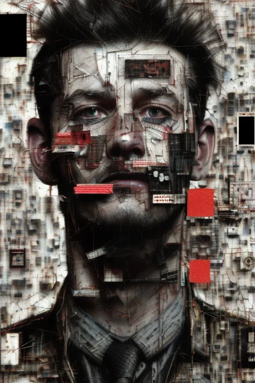 Ultra detailed medium portrait painting of a tired man, zoomed in on the lines on his face, unshaved, worried look, suicidal, broken, torn up collage of clippings, broken circuitry background, matrix effects, punk visual art, punk art aesthetic, graffiti art, pop surrealism, collage art, cluttered paint glitches