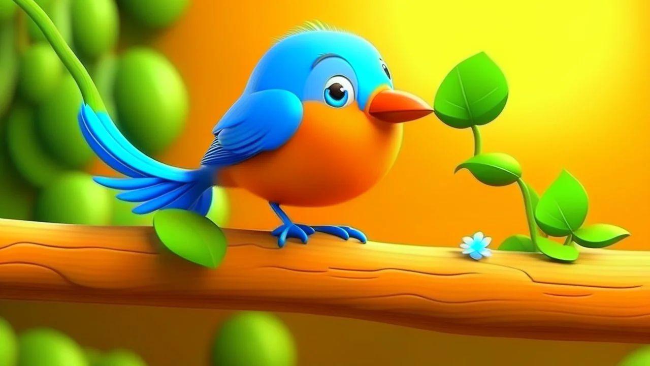 adorable cartoon style, An orange bird perched on a branch surrounded by blue morning glory flowers against a blurred wooden background, 3d render cartoon