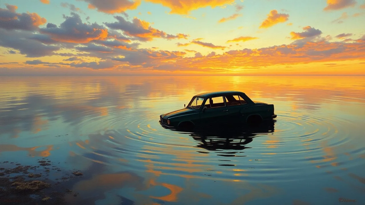 Realistic oil painting of a car submerged in shallow water, reflecting the vibrant colors of the sky, by Thomas Moran and Frederic Edwin Church, (long shot), intricate details of ripples and reflections, peaceful yet eerie atmosphere.