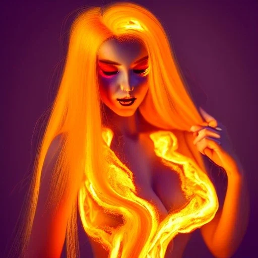 woman made of fire, fire angel, fire clothes, full body portrait, long flowing yellow hair, highly detailed, real life photo, photo quality, extremely detailed, highly detailed, 8K, crisp quality