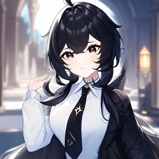 Clear focus, High resolution, short black hair, white and black hair, 2 hair colors, black eyes, wearing a black jacket and a white shirt, wearing a black skirt, 1girl, Genshin impact, long locks, long eyelashes, black tie