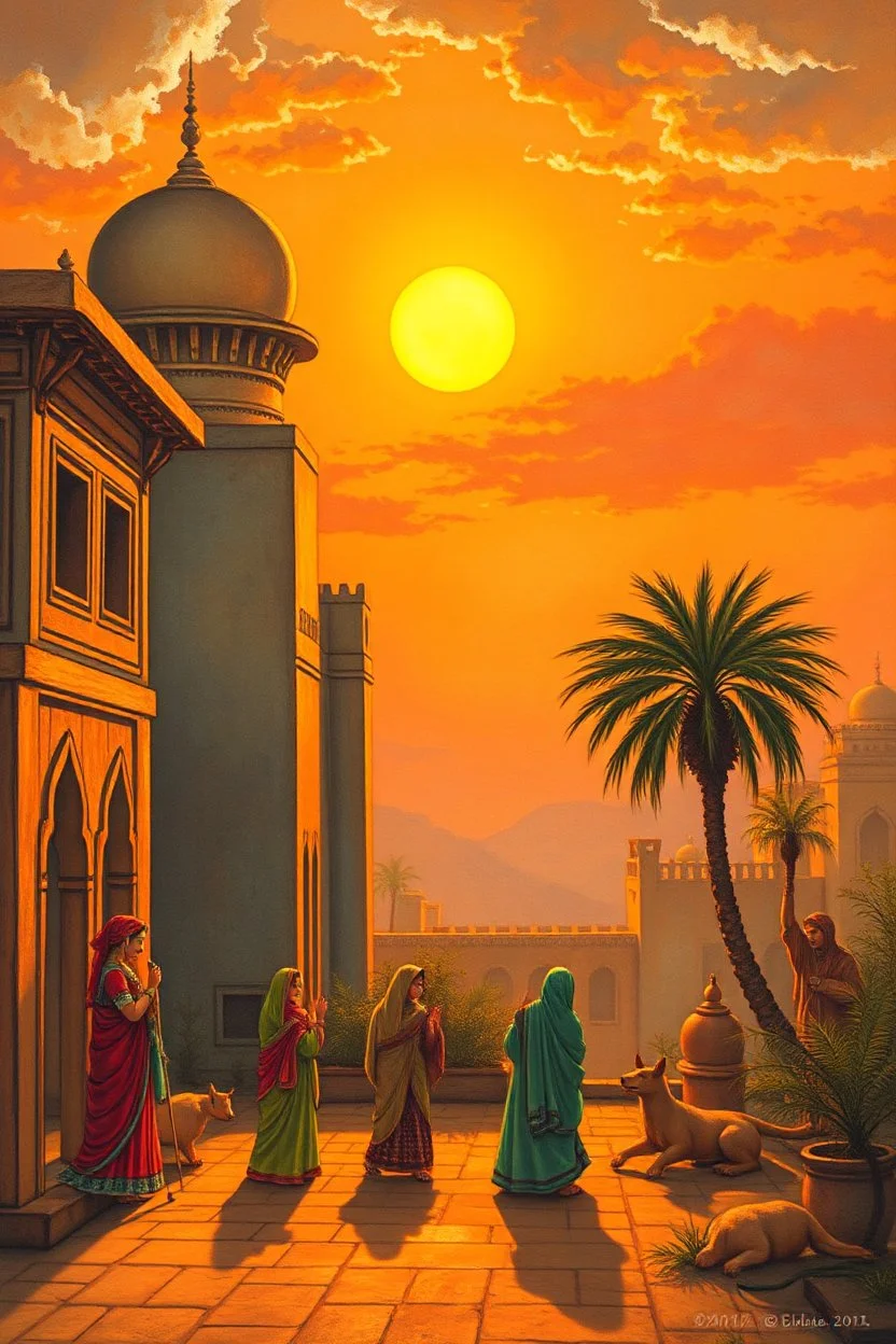 ancient painting. a beautiful Arabic Indian scene at sunset.