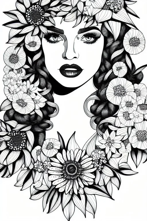 hyper detailed, black and white, thick line, coloring book illustration, lineart, stunningly beautiful woman in flowers