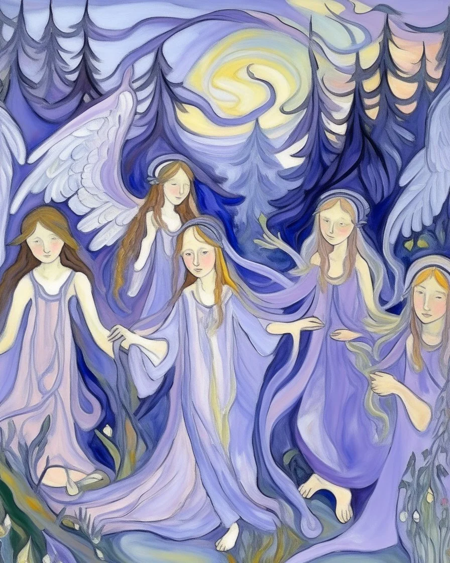 A light purple kingdom with fairies painted by Edvard Munch