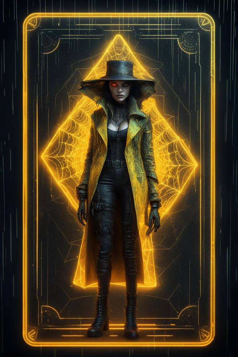 neon spiderweb sacred geometry framed playing card, black, yellow and orange neon cyber punk dancer thief in soaked rain coat and cowboy witch hat shadows boss card in the style of Giger and fallout 4 ,,bokeh like f/0.8, tilt-shift lens 8k, high detail, smooth render, down-light, unreal engine