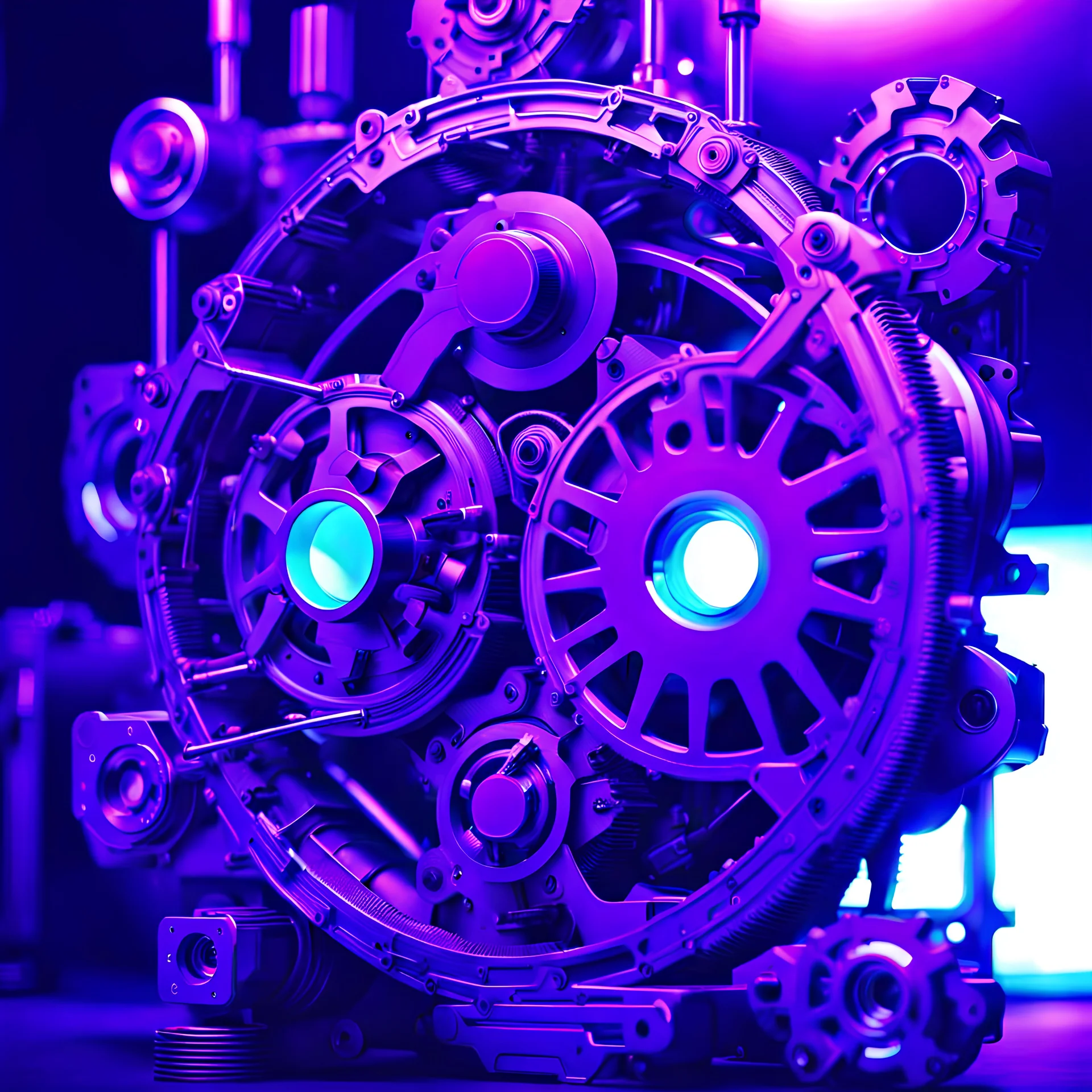 mechanical parts, cyberpunk style, purple lighting black background