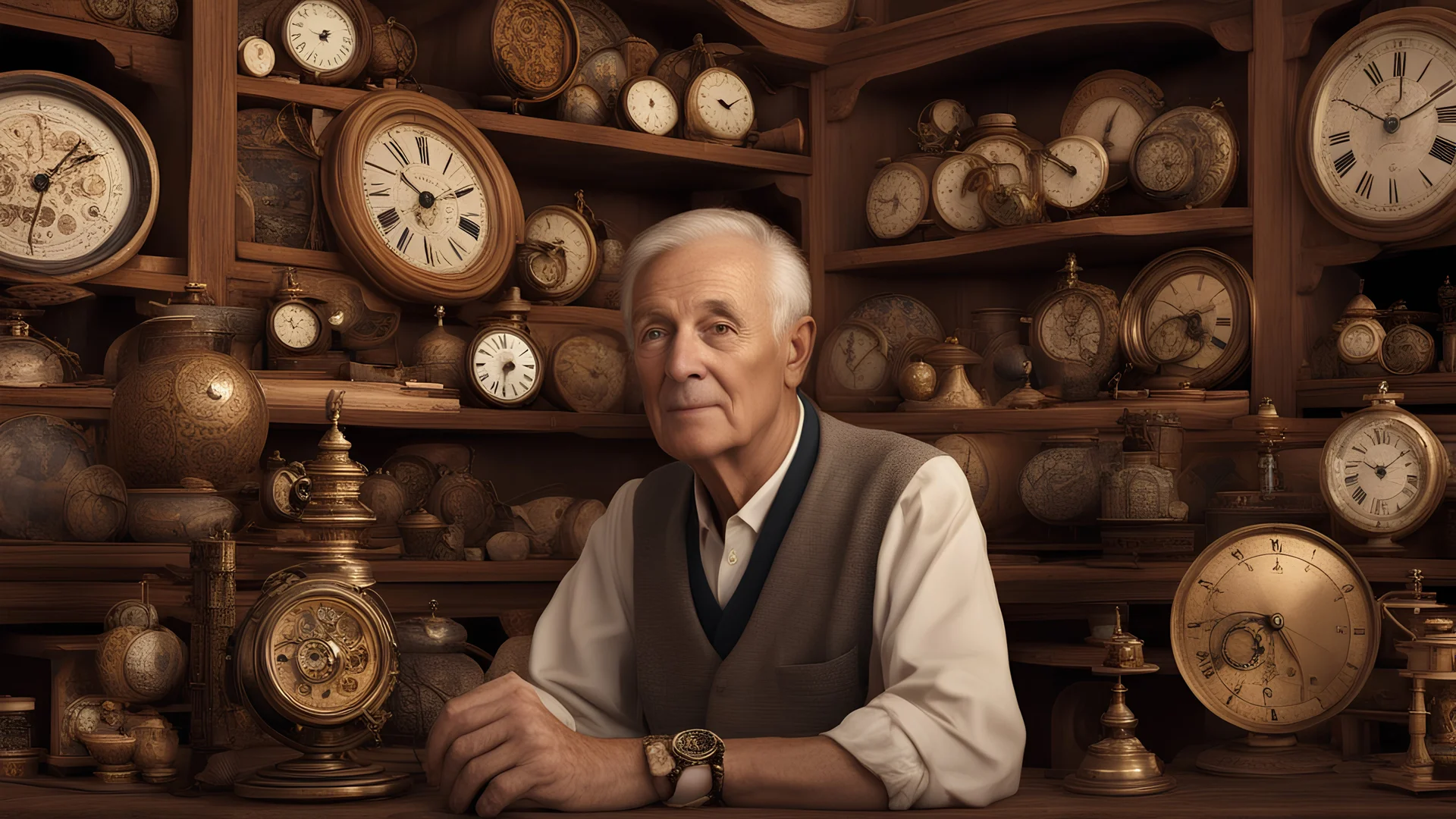 elderly male market trader selling all kinds of clocks, watches, chronometers, sextants, astrolabes, orreries, pelorus and other navigational devices, showing his head and upper body, perfect eyes, perfect anatomy, exquisite composition, beautiful detailed intricate detailed octane render, 8k artistic photography, photorealistic, soft natural volumetric cinematic perfect light, chiaroscuro, award-winning photograph, masterpiece, raphael, caravaggio, bouguereau