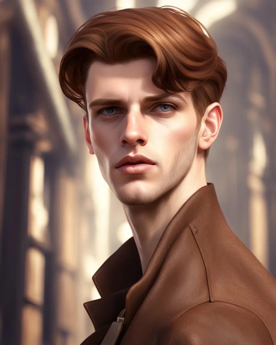 young noble swordman short brown hair photorealistic dieselpunk