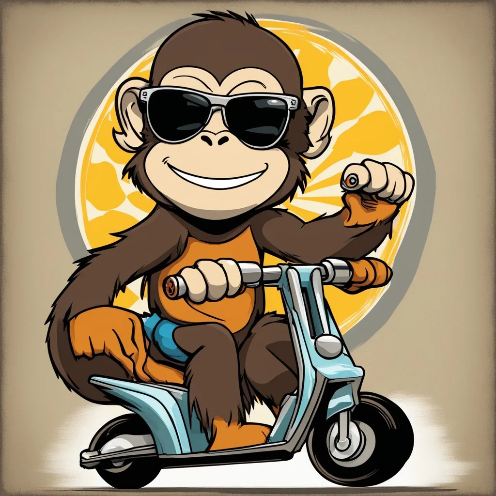 Monkey riding on a scooter making wheelies with sunglasses on, cartoonize