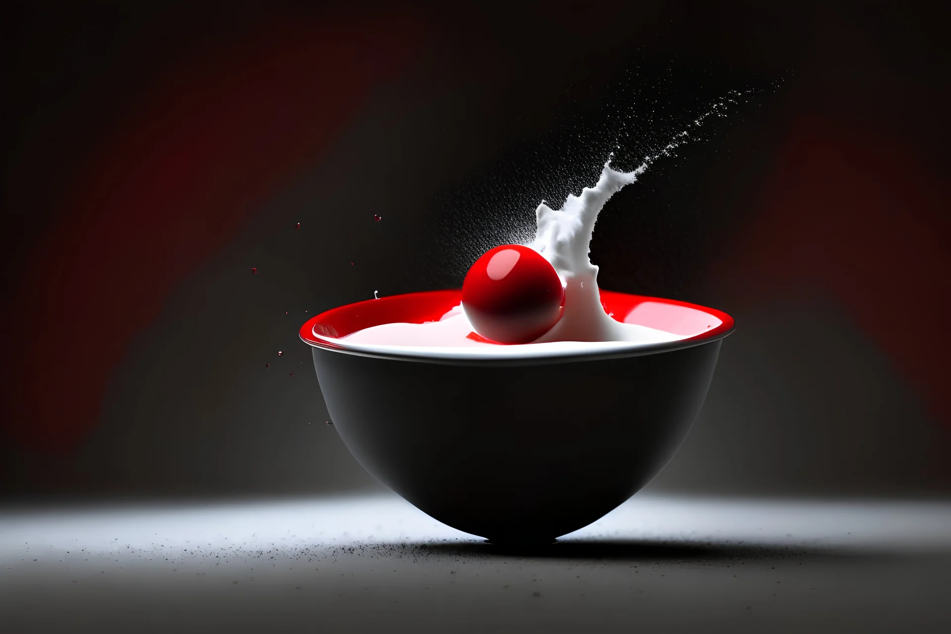 a highly detailed cinematic photograph of a single small red ball falling down in a black bowl of milk