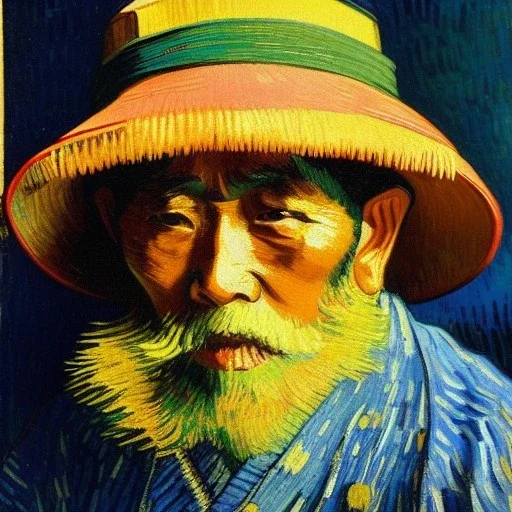 Portrait of OLd japanese Fishermen, wearing bucket hat, long beard, by Van Gogh 8k