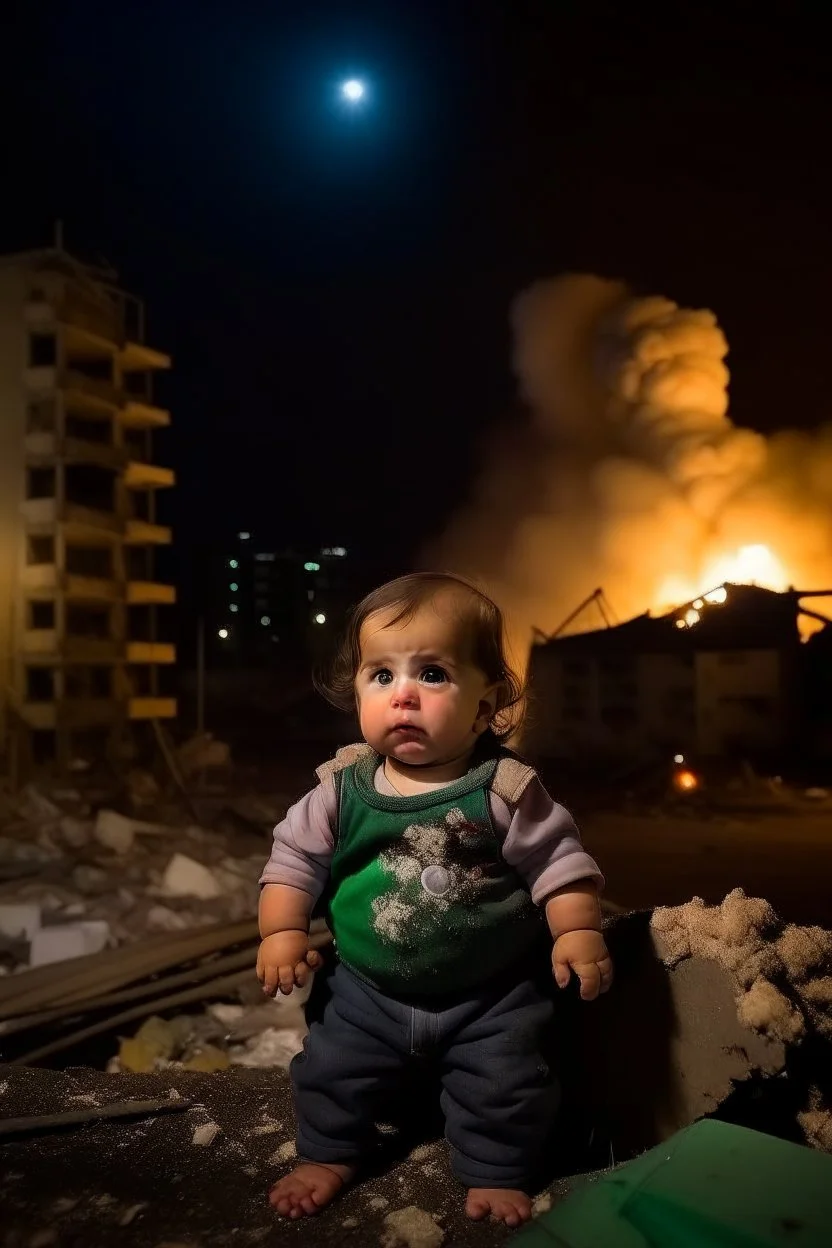 Palestinian baby , Destroyed Buildings , with a Explosions, at night