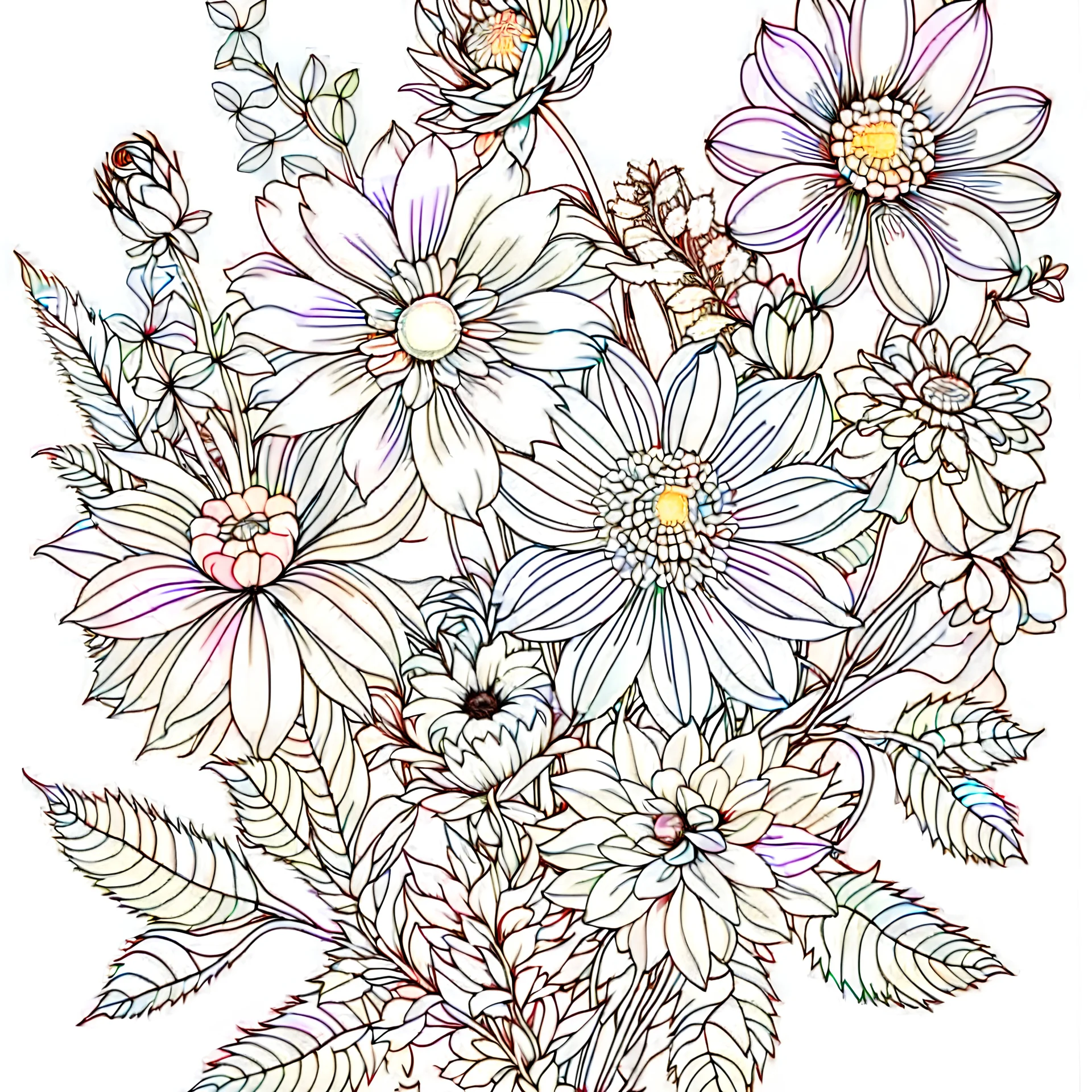 outline art for flowers bunch coloring page for kids, classic manga style, anime style, realistic modern cartoon style, white background, sketch style, only use outline, clean line art, no shadows, clear and well outlined