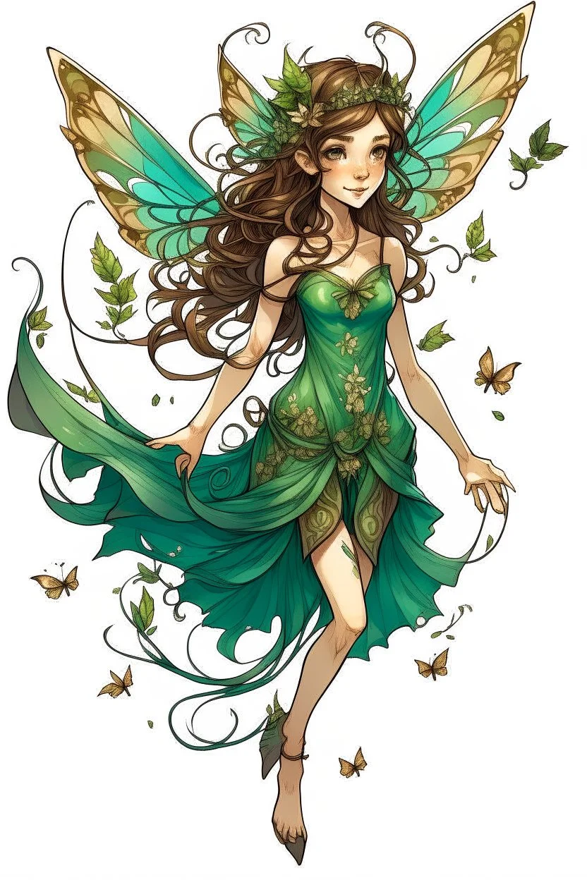 Forest fairy with iridesand teal wings and a cute short leaf dress and pointed ears and multiple vine earings and ear cuffs flying through a mythical forestand brown wavy hair trailing her