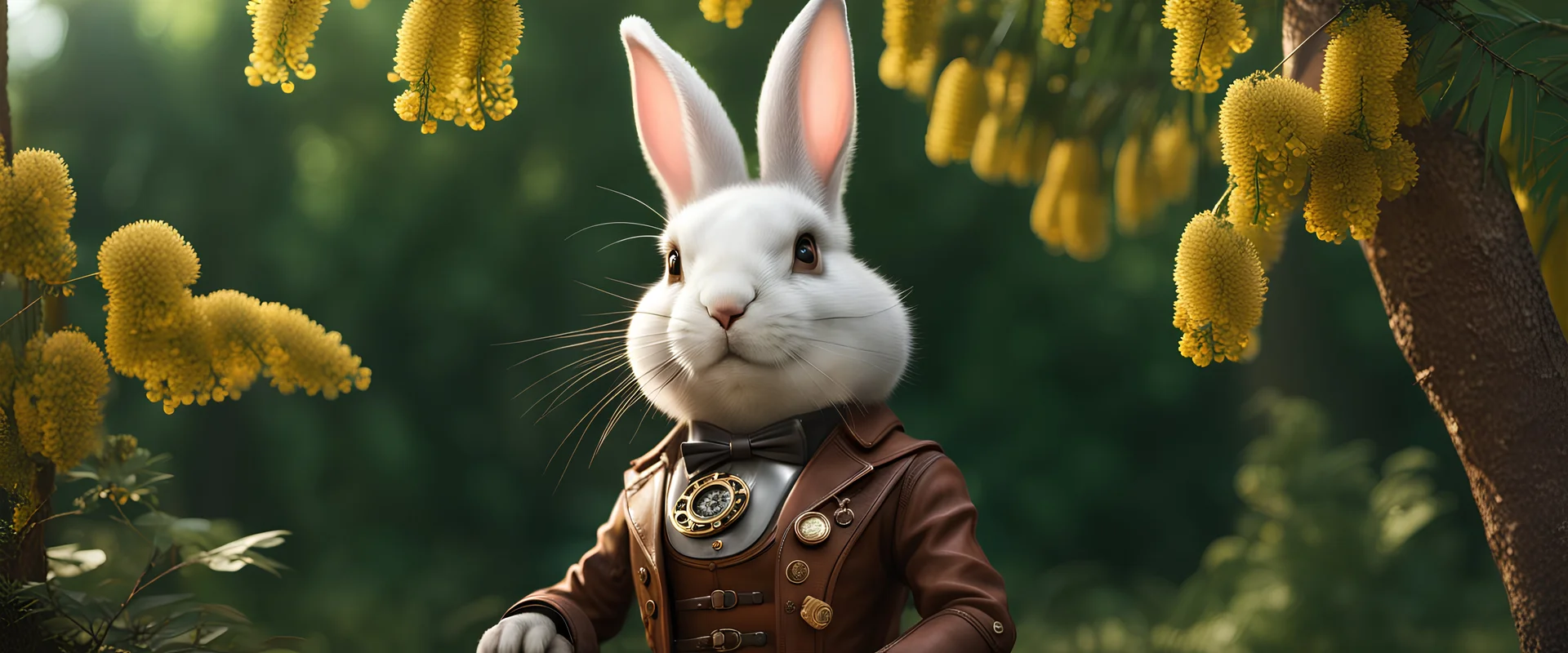 High-end state-of-the-art STEAMPUNK aesthetics flawless, cute Rabbit under a Acacia Dealbata Mimosa Tree, forest alley background, close-up shot, realistic,Highest quality telescopic Zeiss Zoom lens, supreme cinematic-quality photography, steel walnut wood green leather clothes, Art Nouveau-visuals,Vintage style Octane Render 3D technology,hyperrealism photography,(UHD) high-quality cinematic character render,Insanely detailed close-ups capturing beautiful complexity,Hyperdetailed,Intricate,