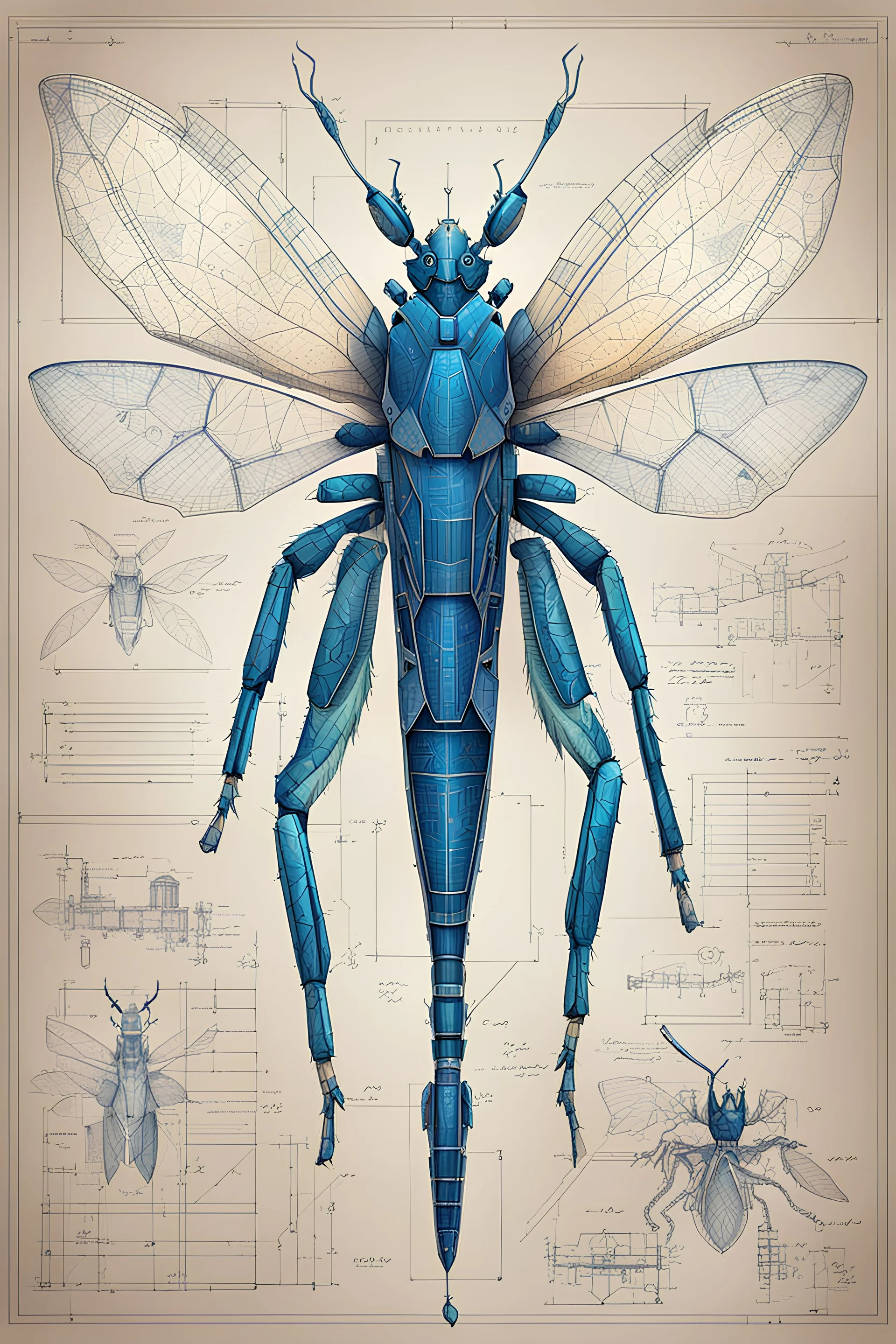 Hand drawn technical,full body illustration , with detailed blueprints and engineering schematics of a hybrid walking leaf insect biomechanical woman, with highly detailed facial features, drawings, and technical notation, 8k, vibrant natural colors