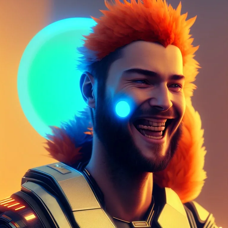 A beautiful portrait of a cute cyberpunk man laughing facing camera orange color scheme, high key lighting, volumetric light high details with white stripes and feathers unreal 5, octane render, cinema4d, dynamic lighting, dramatic lighting, 4k, redshift render, highly detailed, hyper realistic