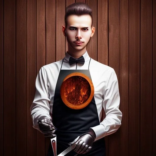 picture of man in front dark wooden wall, shiny fork and knifes on dinner table with cloth, fantasy art book cover