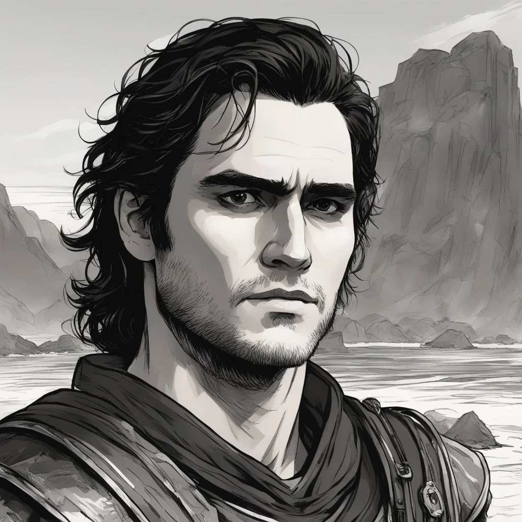 A portrait of Joaquin Phoenix in his early 30s, long beachy haircut, black hair, on a rocky island, in ebony armor from Skyrim, melancholic and dangerous facial expression, half-smiling, drawn in the style of ink manga sketch