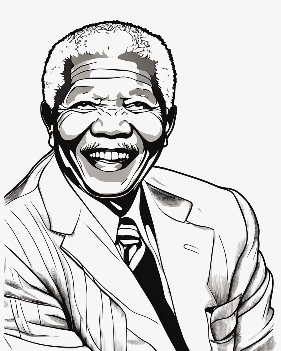 Outline art for coloring pages with Nelson Mandela, white background, cartoon character, sketch style, only use outline, line art, white background, no shadows and well and clear outline