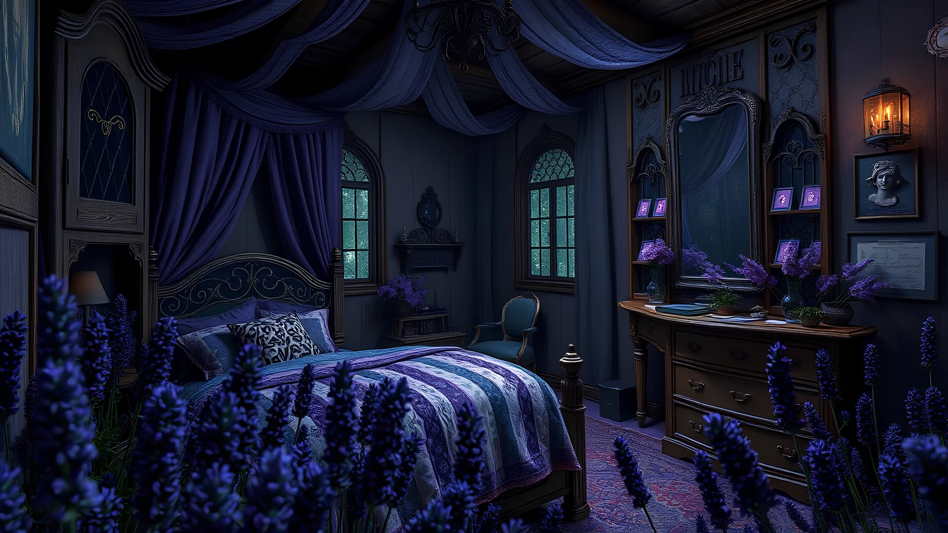 witch's bedroom, lavender, gothic, night, 8k, high quality, trending art, trending on artstation, sharp focus, studio photo, intricate details, highly detailed, by tim burton